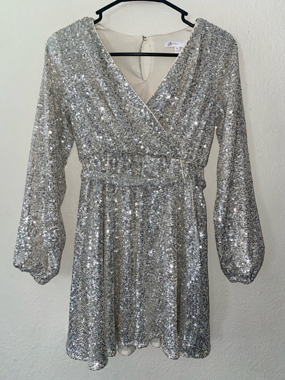 GB girls Silver Sequin Wrap Long Sleeve Dress